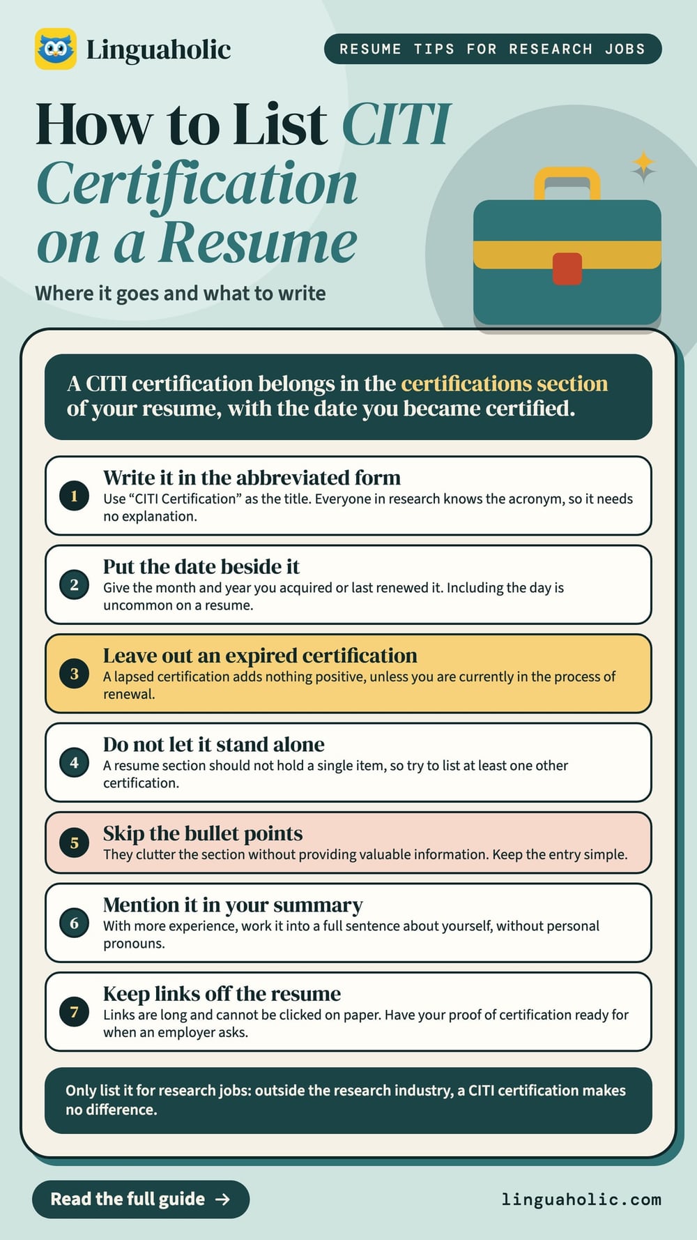 Seven tips for listing a CITI certification on a resume: where it goes, how to write it, the date, expired certifications and links.