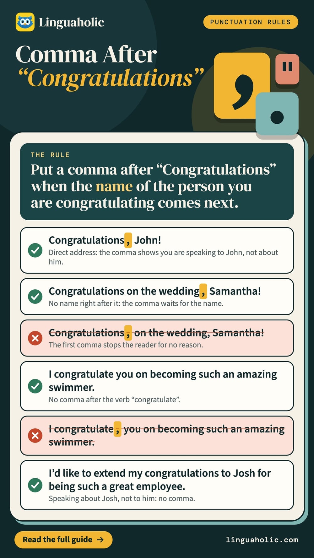 A punctuation chart: when a comma goes after congratulations, with four correct and two wrong example sentences.