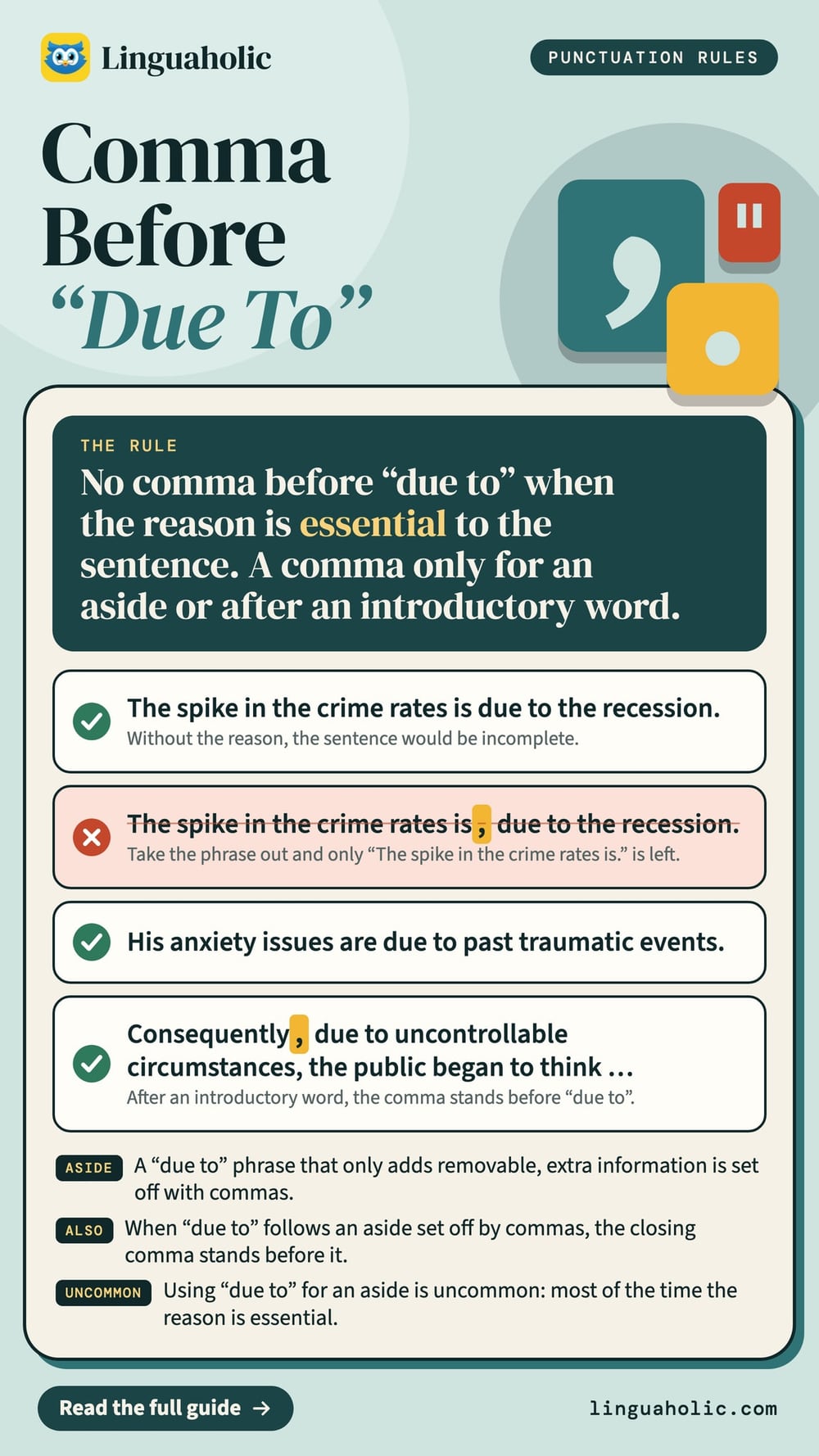 A punctuation chart: when a comma goes before due to, with three correct and one wrong example sentence and three notes.