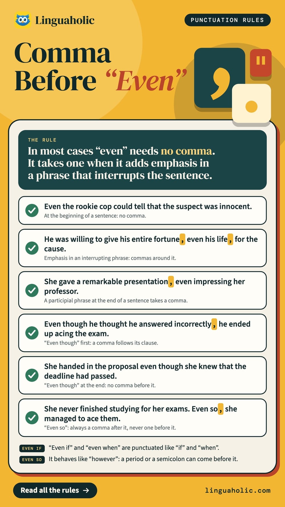 A punctuation chart on the comma before even: six correct example sentences with even, even though and even so, plus two notes.