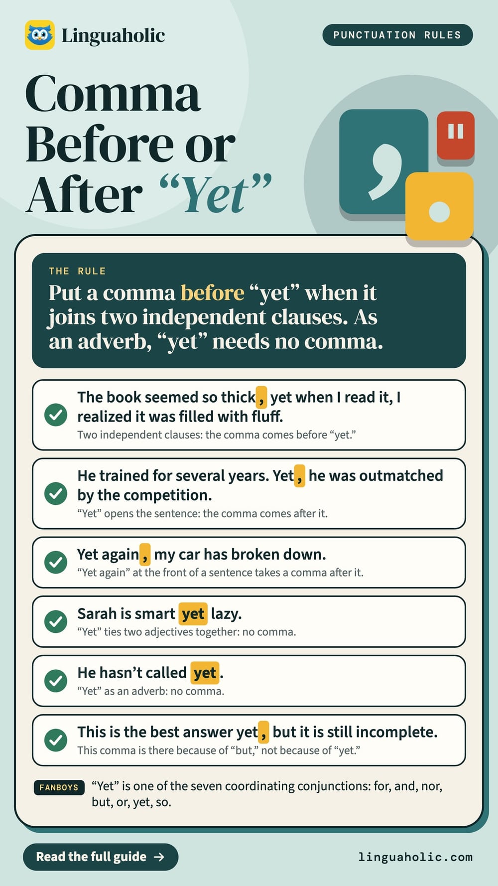 A punctuation chart: when a comma goes before or after the word yet, with six example sentences and a note on the FANBOYS conjunctions.