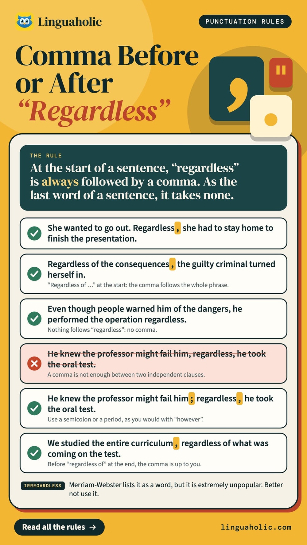 A punctuation chart for the word regardless: six example sentences that show where a comma or a semicolon goes, and a note on irregardless.
