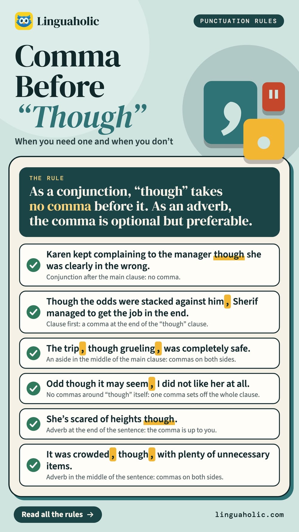 A punctuation chart on the comma before though: the rule for the conjunction and the adverb, with six example sentences and the reason for each.