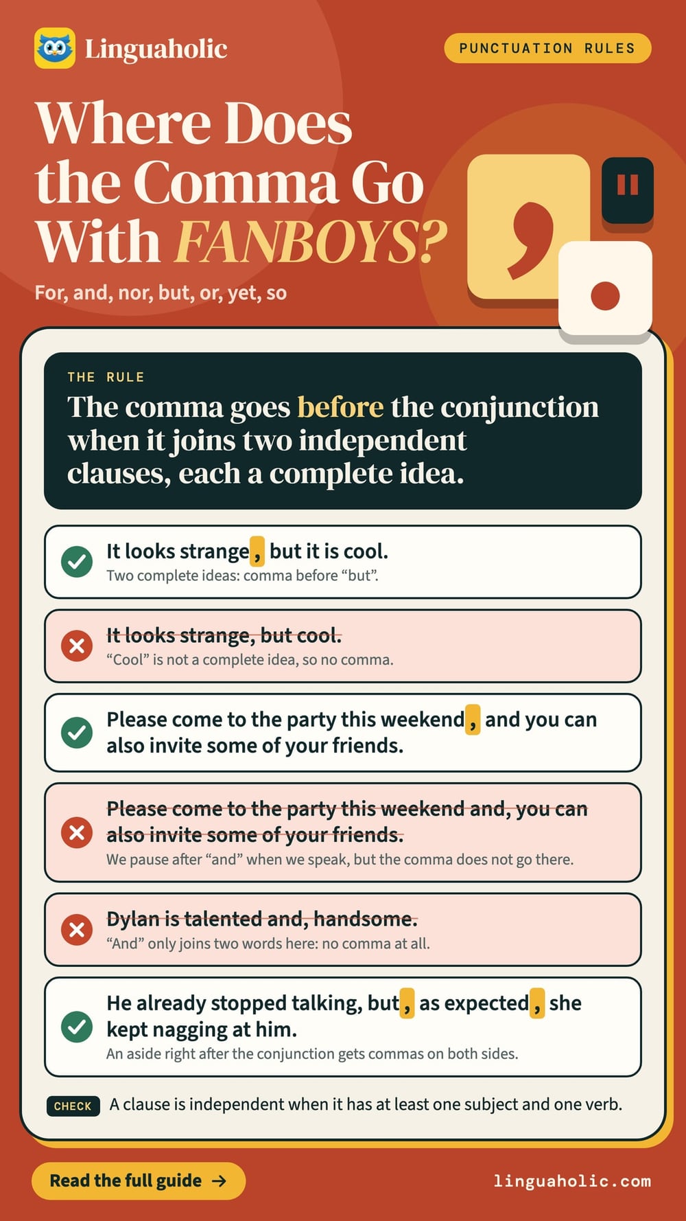 A punctuation chart on commas with the FANBOYS conjunctions: the rule, three correct sentences and three wrong ones with the reason.