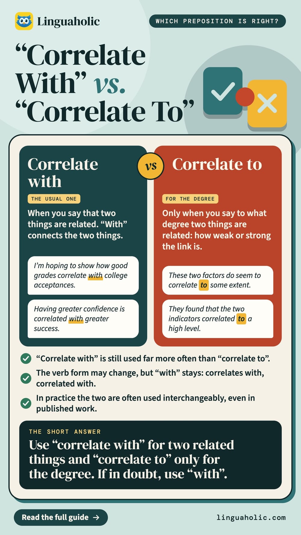 A comparison of correlate with and correlate to with two example sentences each, three facts and the short answer: if in doubt, use with.