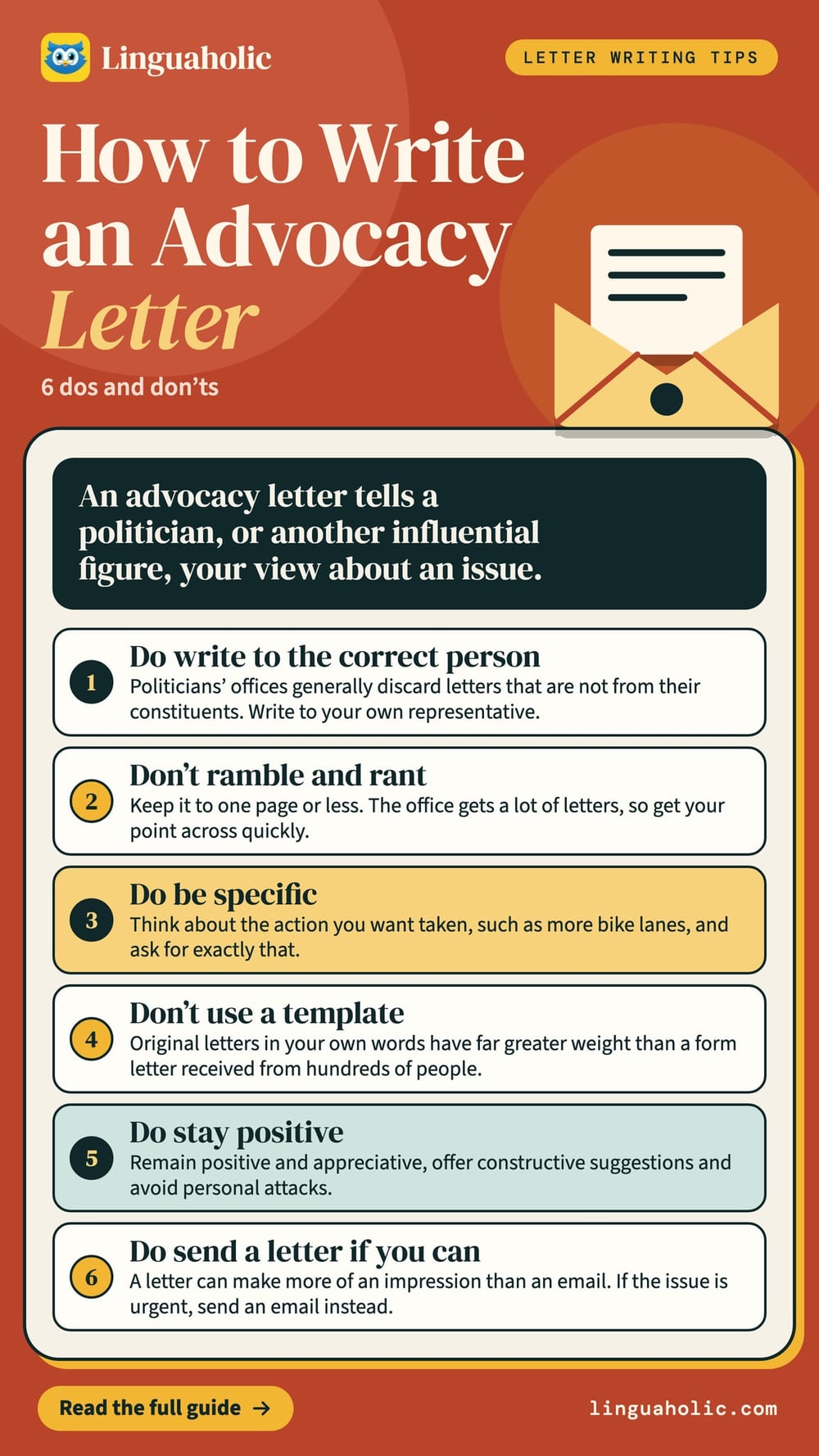 Six dos and don&rsquo;ts for writing an advocacy letter, from writing to the correct person to staying positive and being specific.