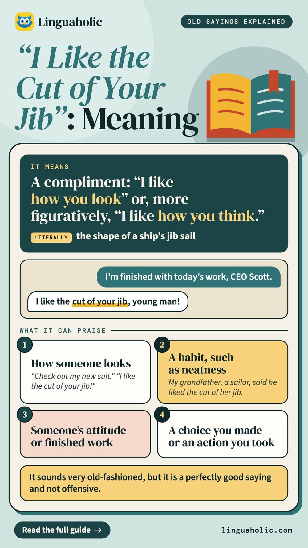 An idiom card that explains I like the cut of your jib: a compliment on how you look or think, with a short chat and four things it can praise.