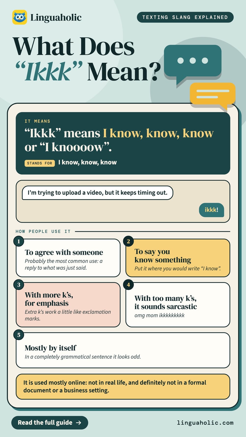 A slang card that explains ikkk (I know, know, know) with a short text chat and five things to know about how people use it.