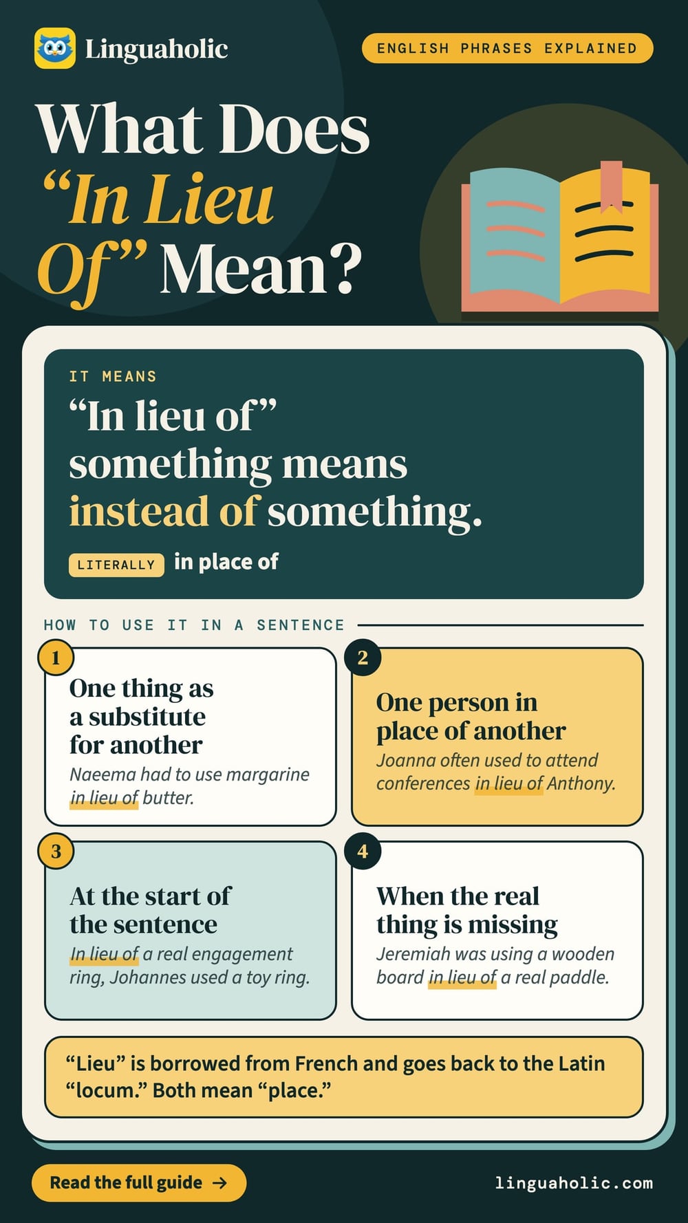 A card that explains the phrase in lieu of (instead of, literally in place of) with four example sentences and a note on its French origin.