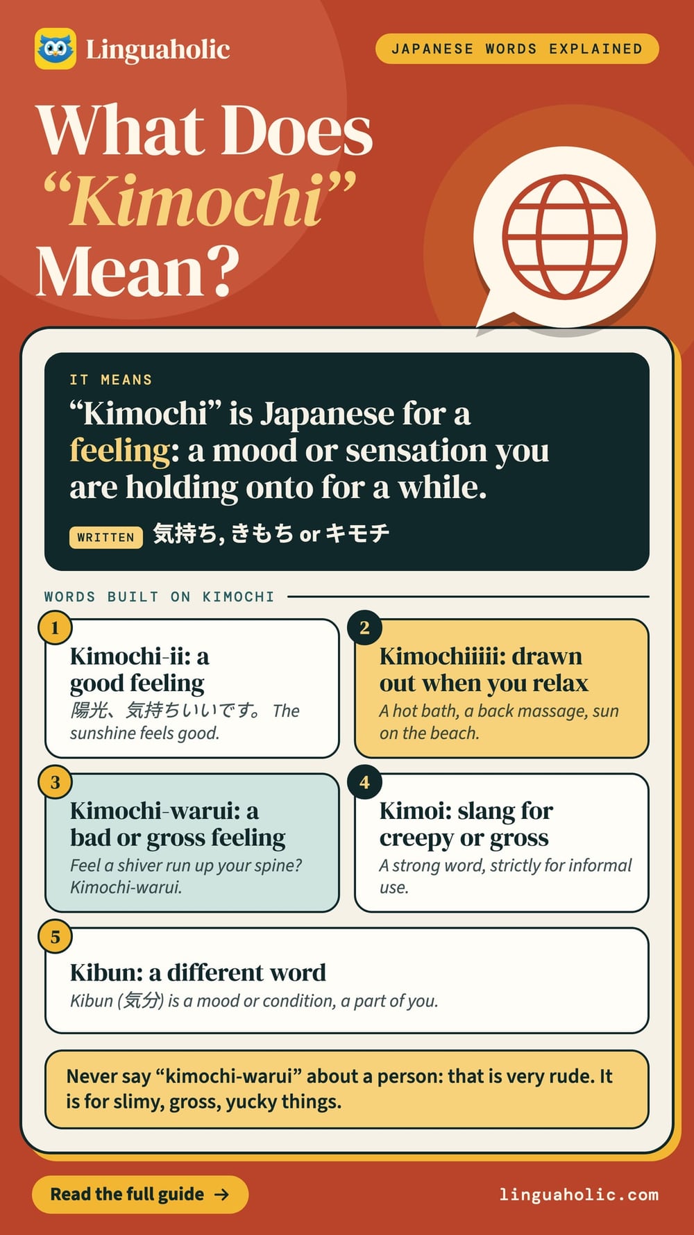 A word card for the Japanese word kimochi (feeling) with how it is written and five related words: kimochi-ii, kimochi-warui, kimoi and kibun.