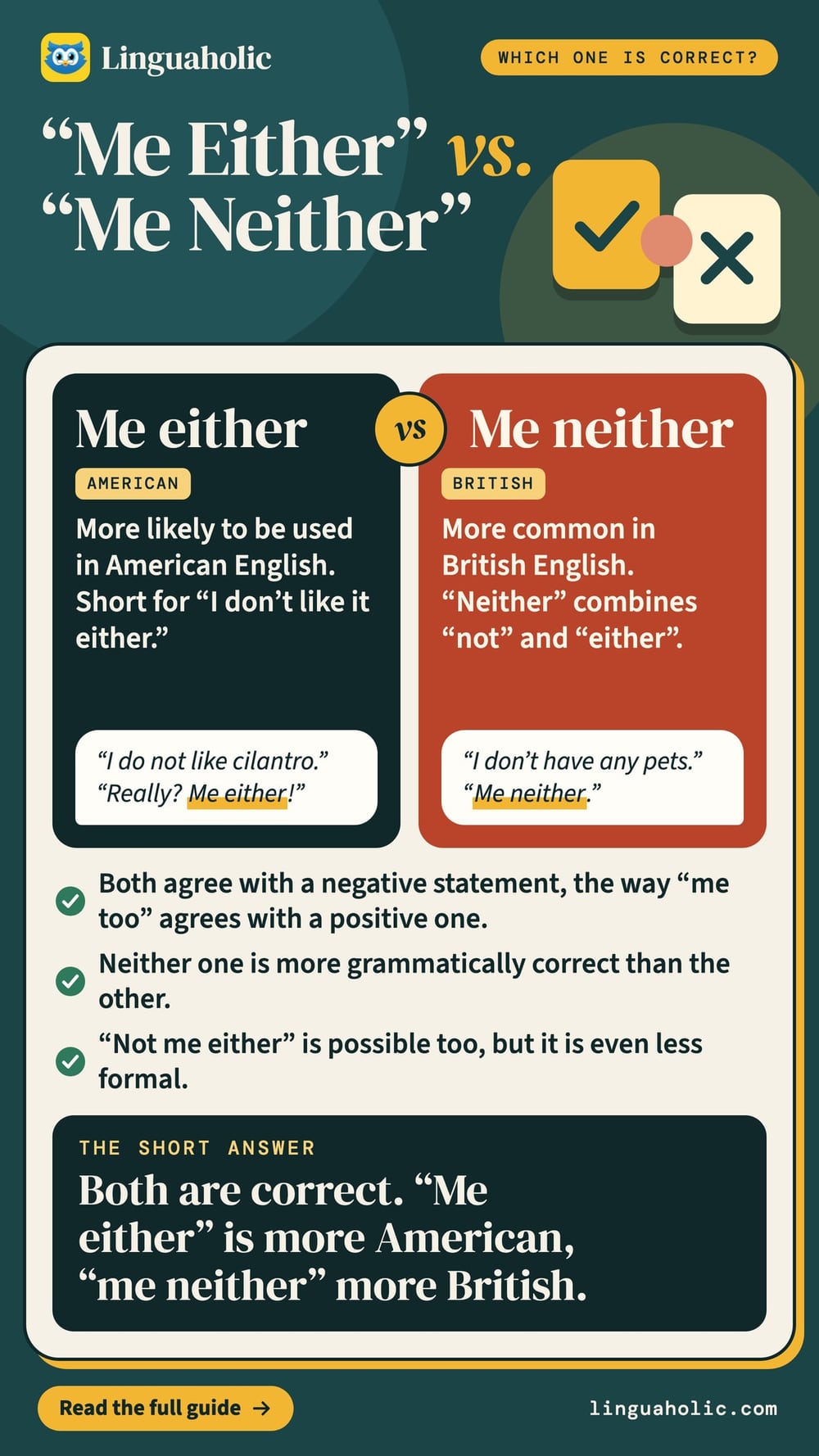 A comparison of me either and me neither with an example exchange for each and the short answer: both are correct, one is more American, one more British.