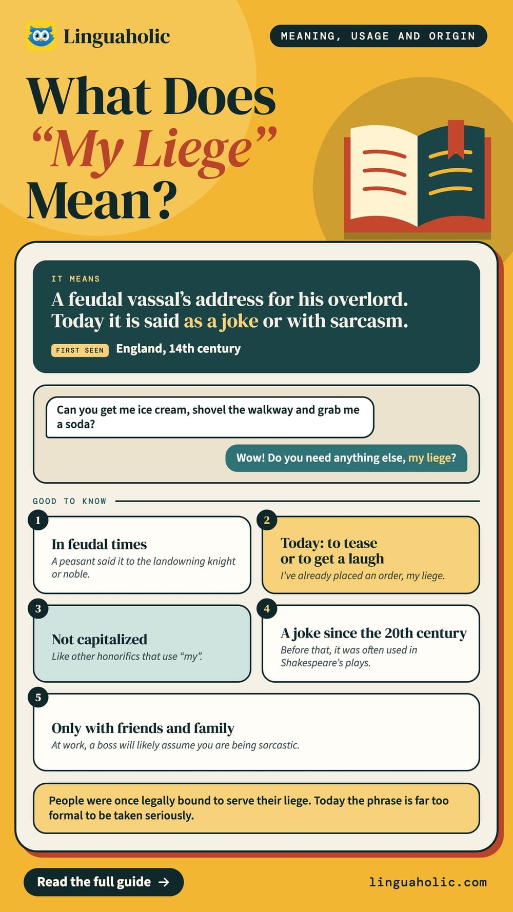 A card that explains the phrase my liege: a feudal form of address that people now use as a joke, with a short chat and five facts.