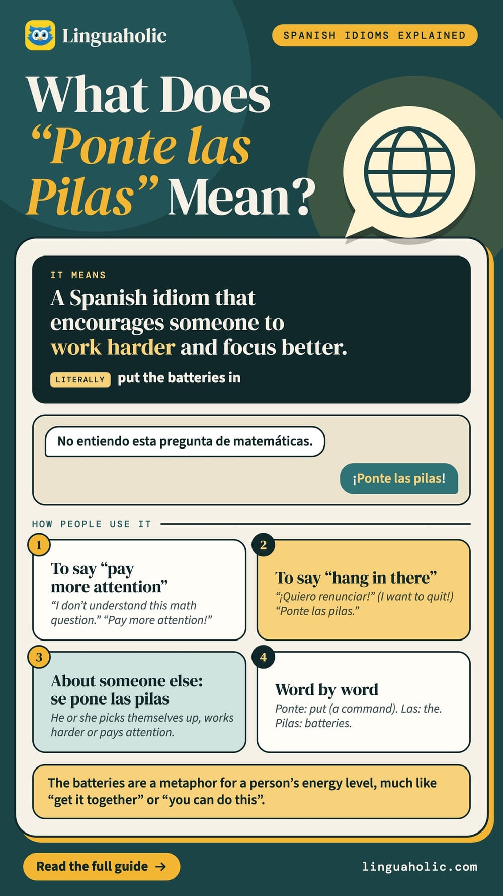A card that explains the Spanish idiom ponte las pilas (literally: put the batteries in) with a short chat and four ways it is used.