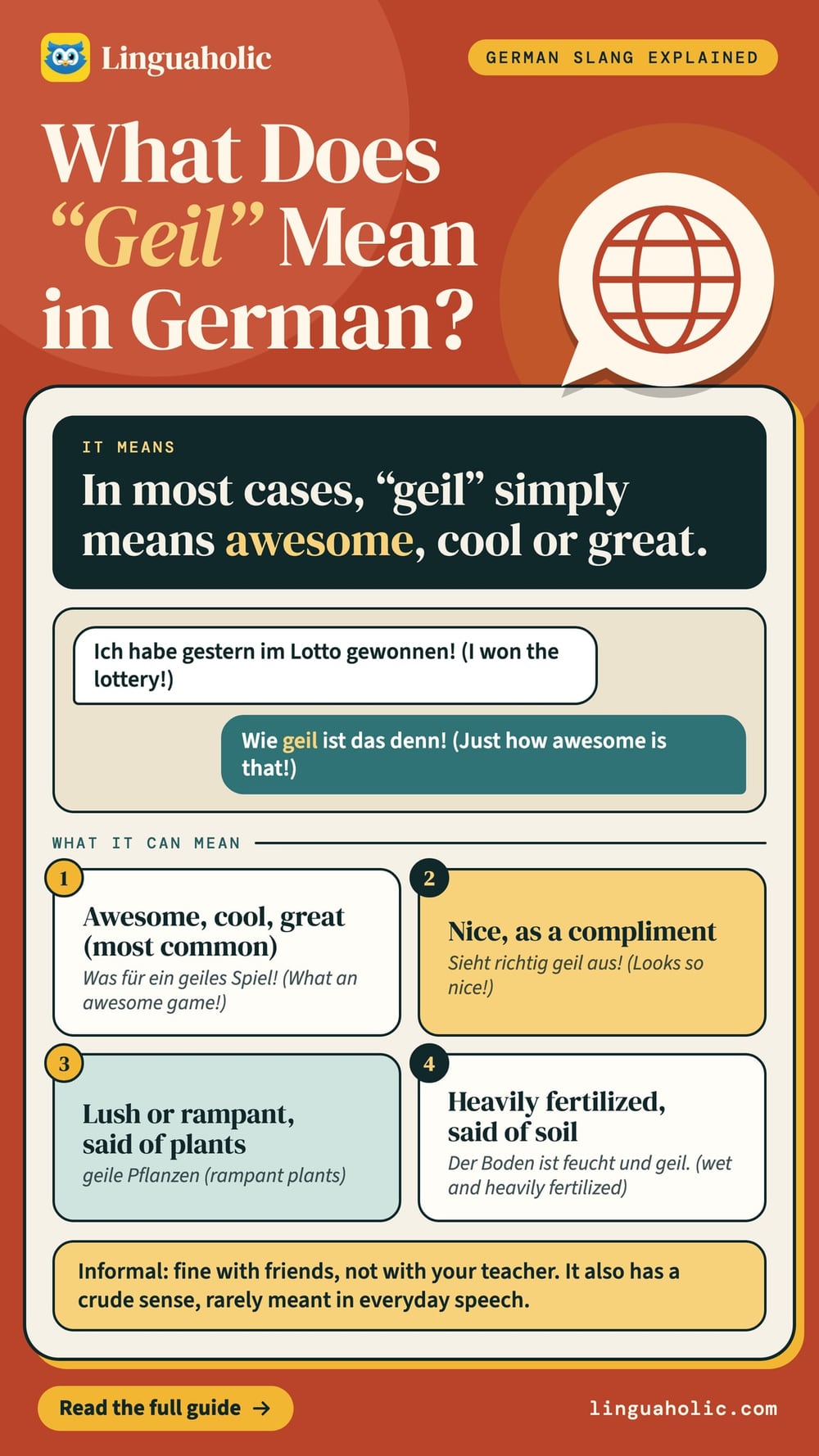 A word card that explains the German slang word geil (awesome, cool, great) with a short chat, four meanings and a note that it is informal.