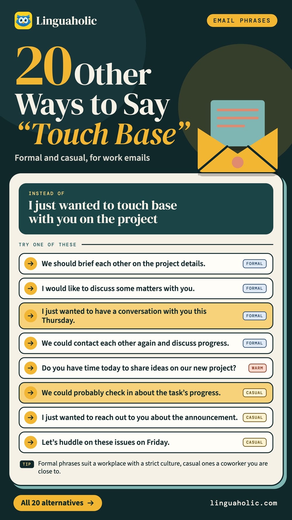 Ten other ways to say touch base in a work email, shown as full sentences and marked as formal, warm or casual.