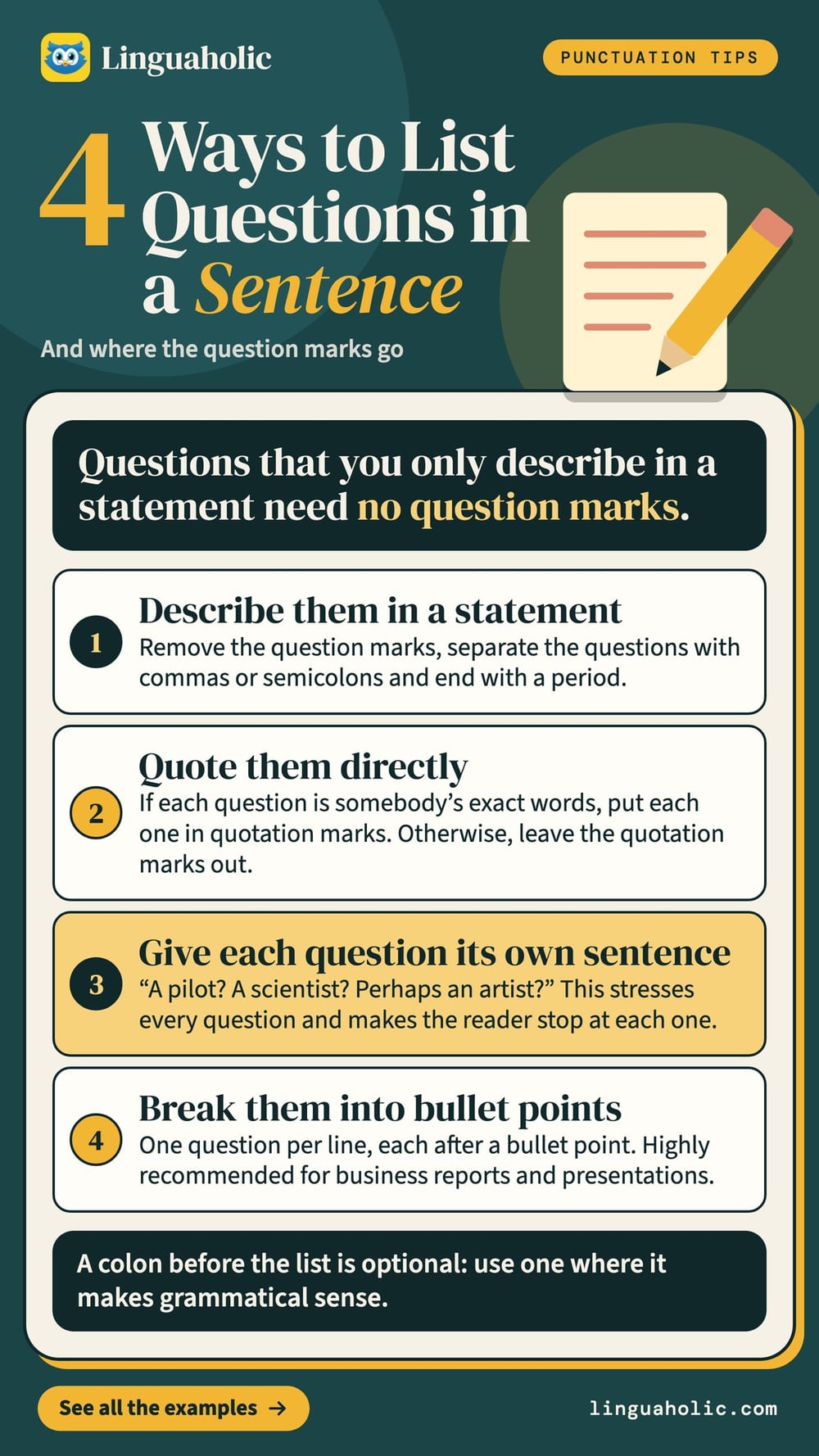 Four ways to list questions in a sentence, from describing them in a statement to bullet points, with a tip on the colon before the list.