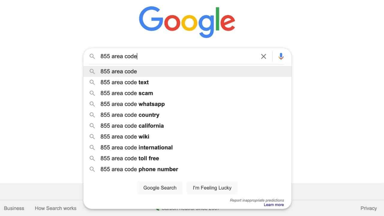 Google 855 Area Code on Google.com