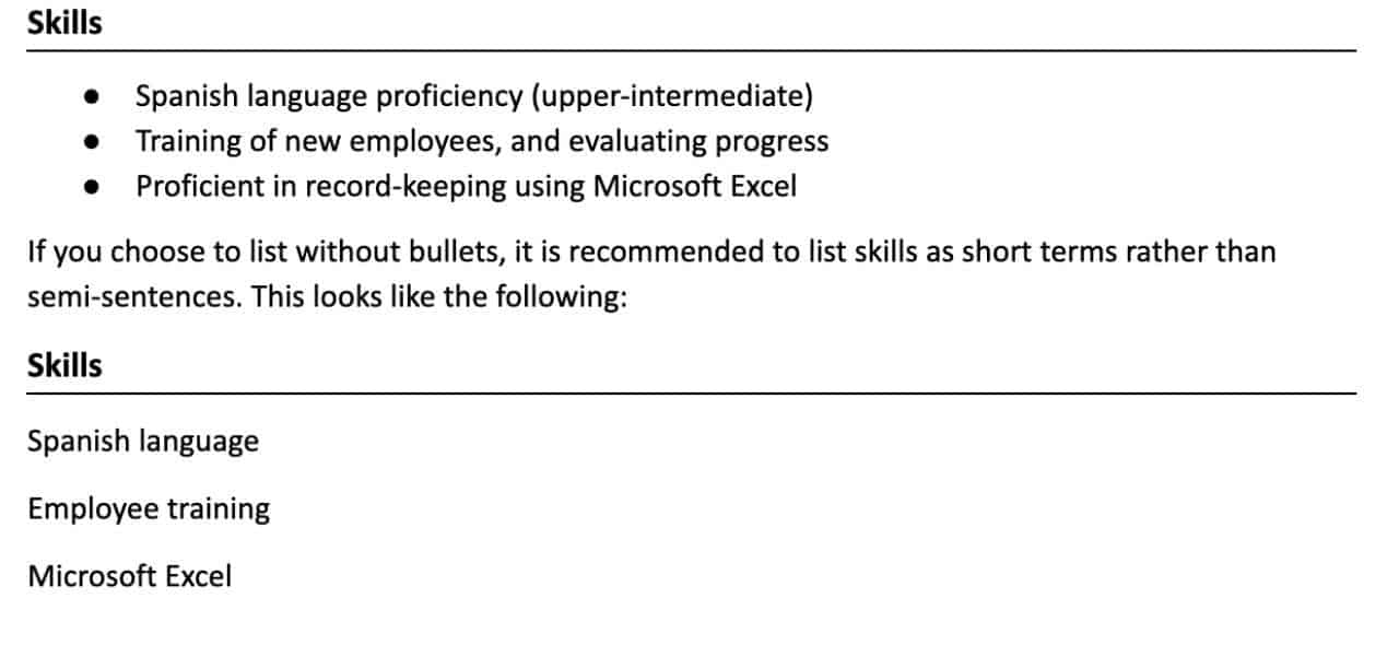 Bullet Points on Resume Example 2