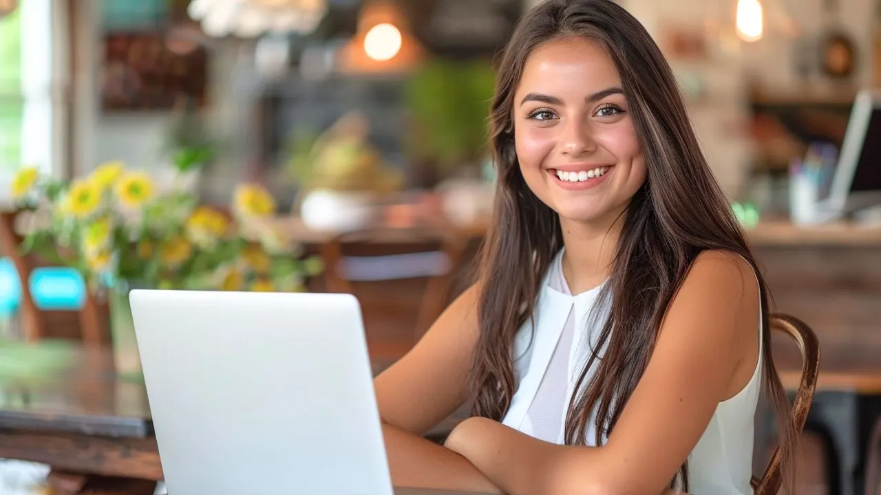 A Happy Business Woman Smiling in front of a Laptop