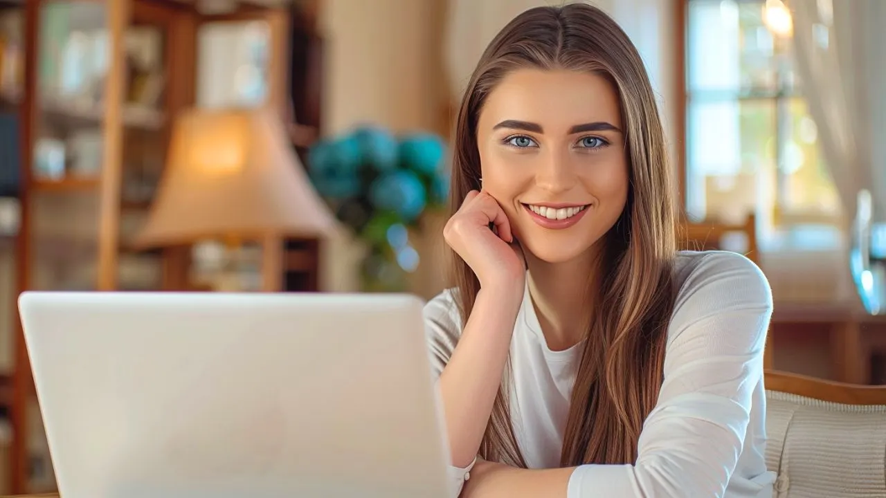 A Woman in front of the Computer Smiling