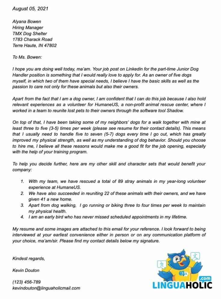 dog daycare attendant cover letter