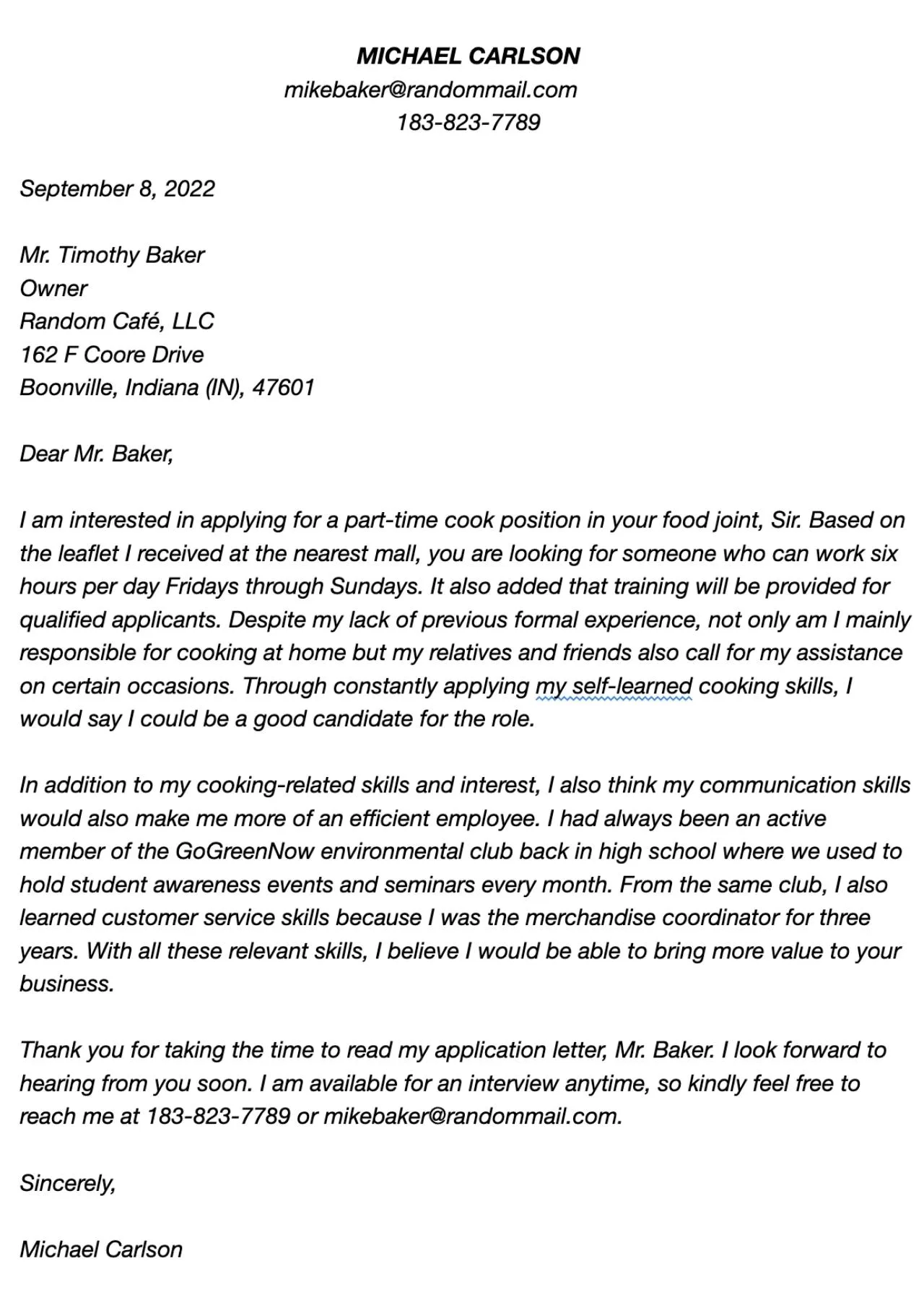 application letter in part time job