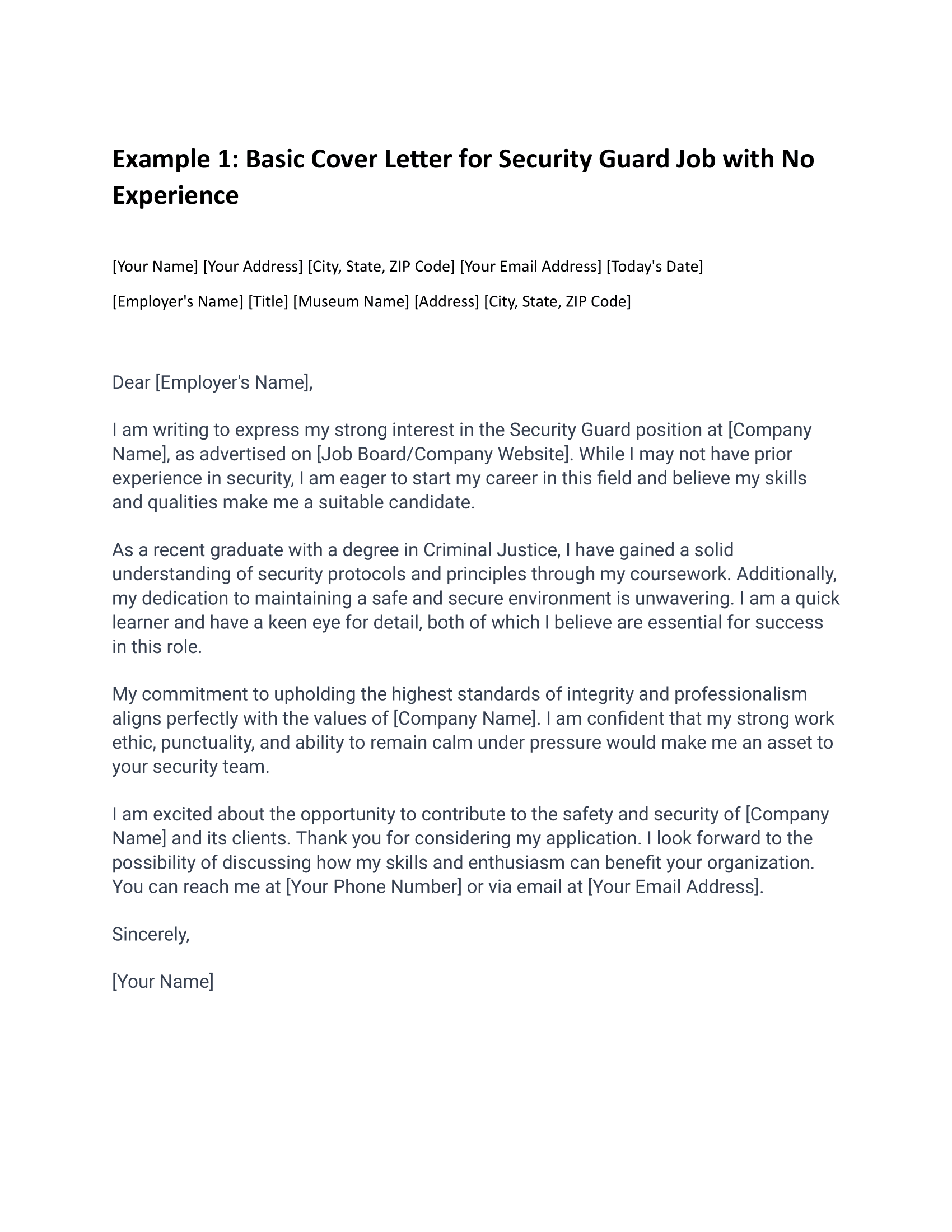 Basic Cover Letter for Security Guard Job with No Experience
