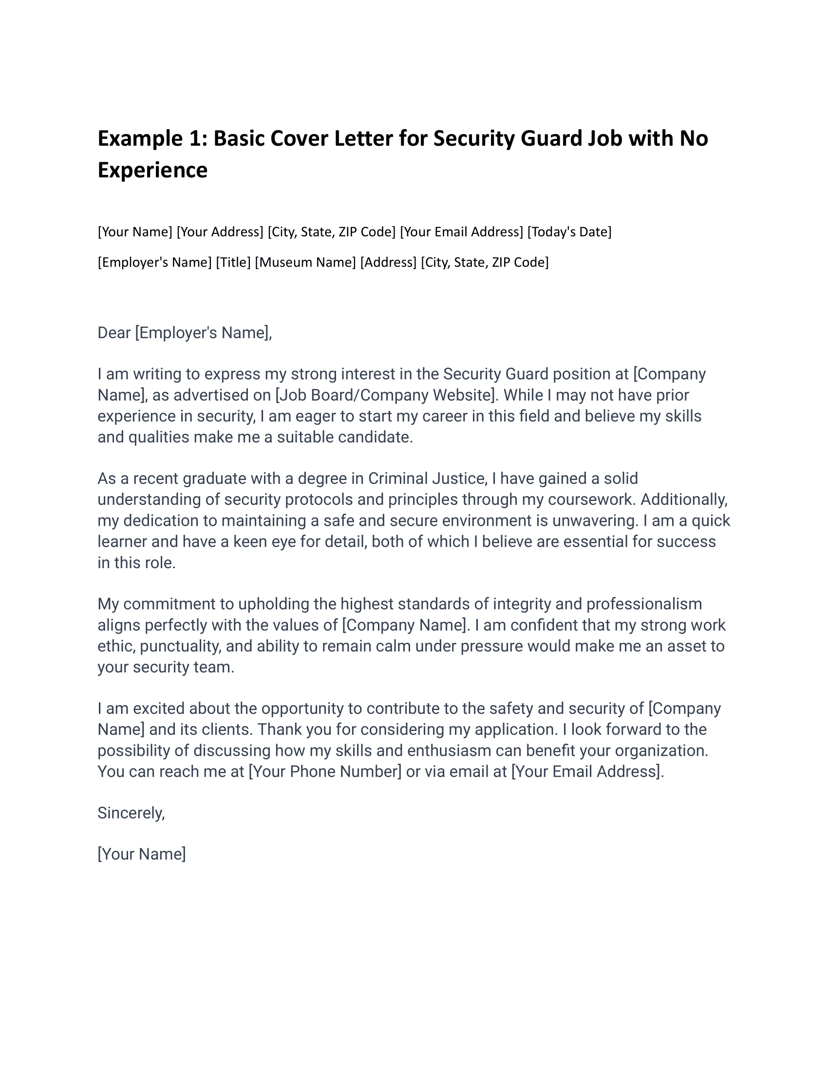 Basic Cover Letter for Security Guard Job with No Experience