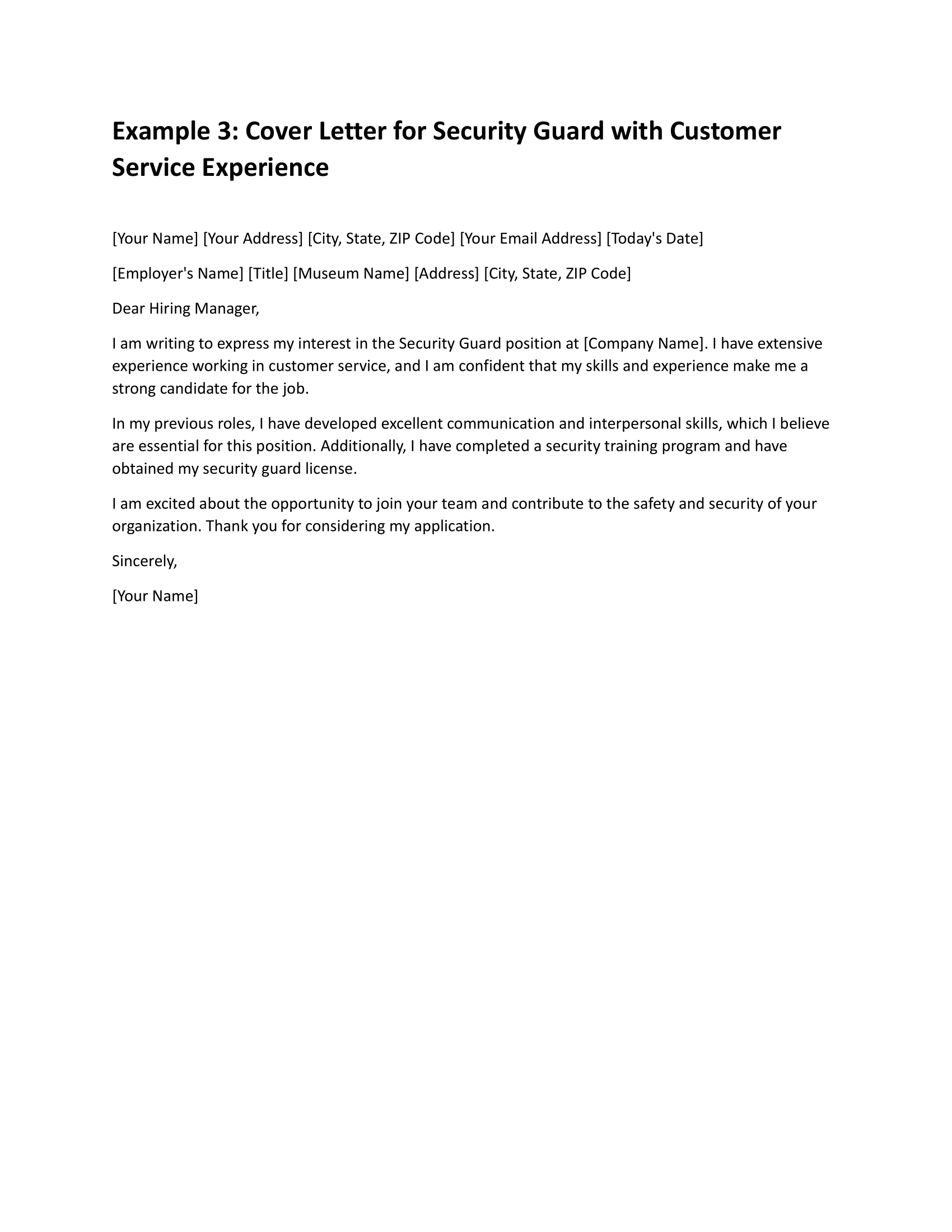 Cover Letter for Security Guard with Customer Service Experience