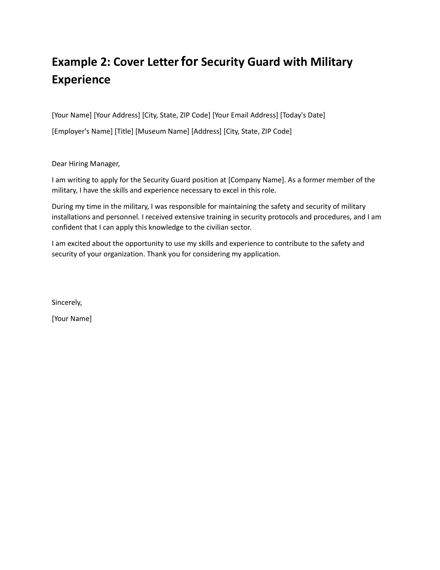 Cover Letter for Security Guard with Military Experience