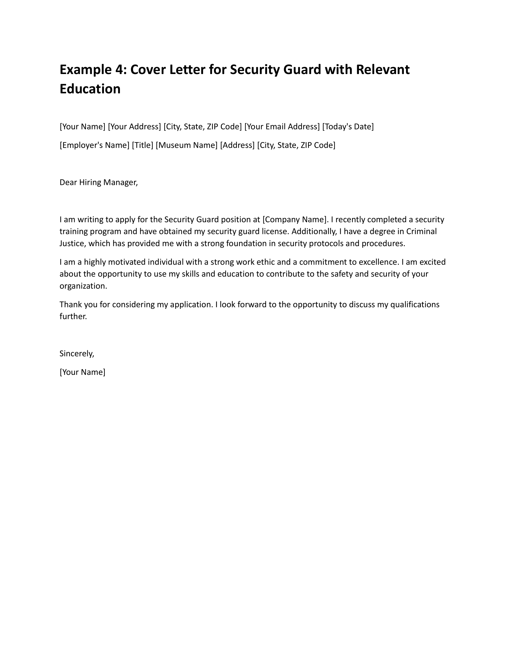 Cover Letter for Security Guard with Relevant Education