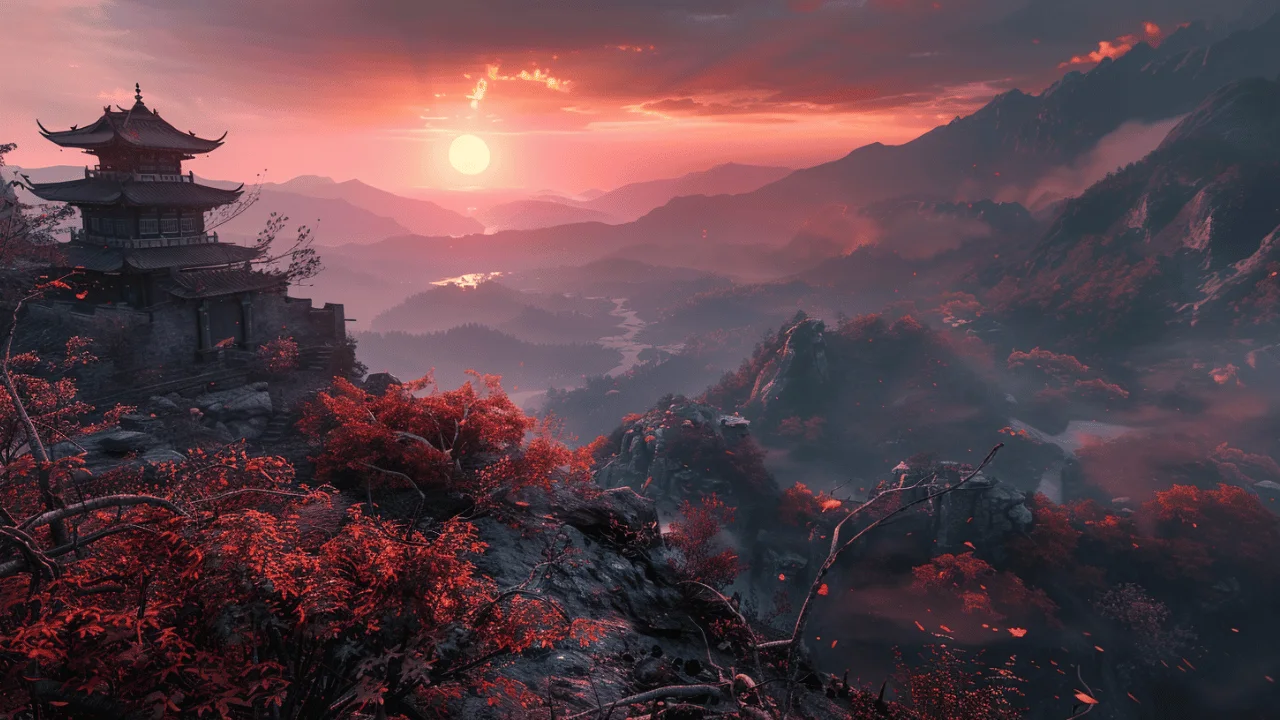 The image shows a Chinese mountain landscape