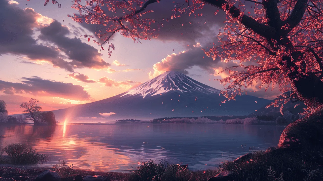 The image shows a mountain in Japan (Mount Fuji)