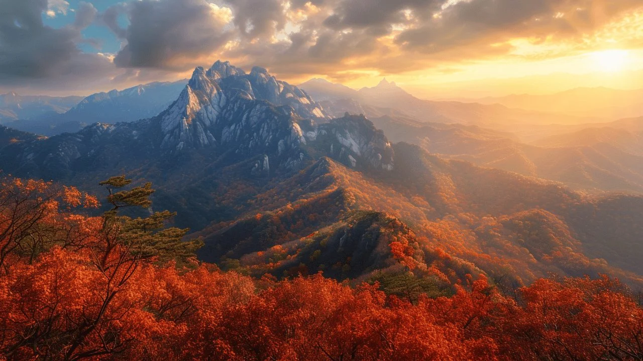 The image shows a mountain landscape in Korea