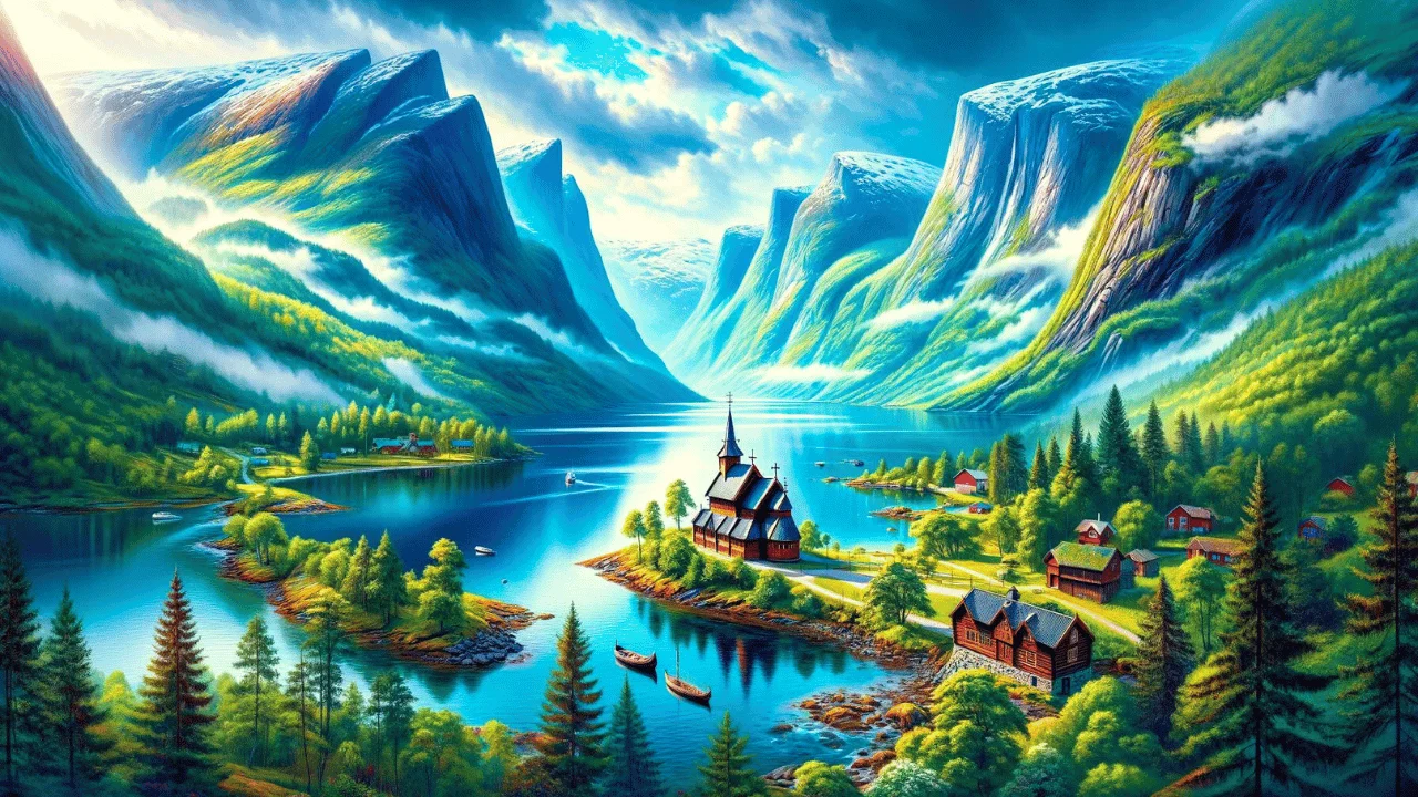 The image shows a Norwegian landscape, representing the Norwegian language