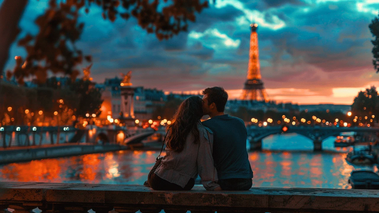 The picture shows two lovers in a romantic setting in front of the Eiffel Tower. 