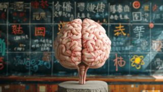 The image shows a brain in front of a blackboard with language studies