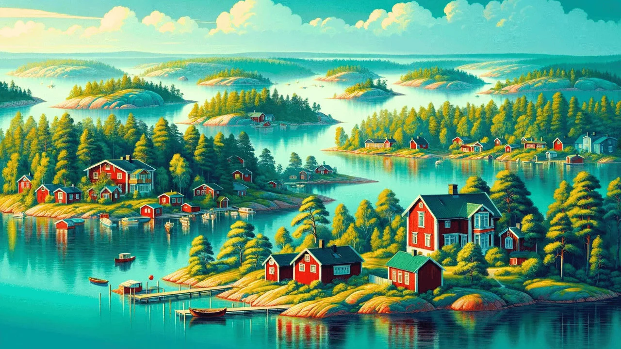 The image shows a Swedish landscape, representing the Swedish language