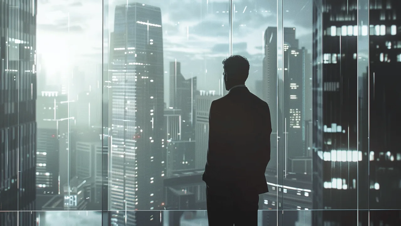 In this image, you see a business guy staring out of the window of a huge skyscraper. The image represents the business world. 