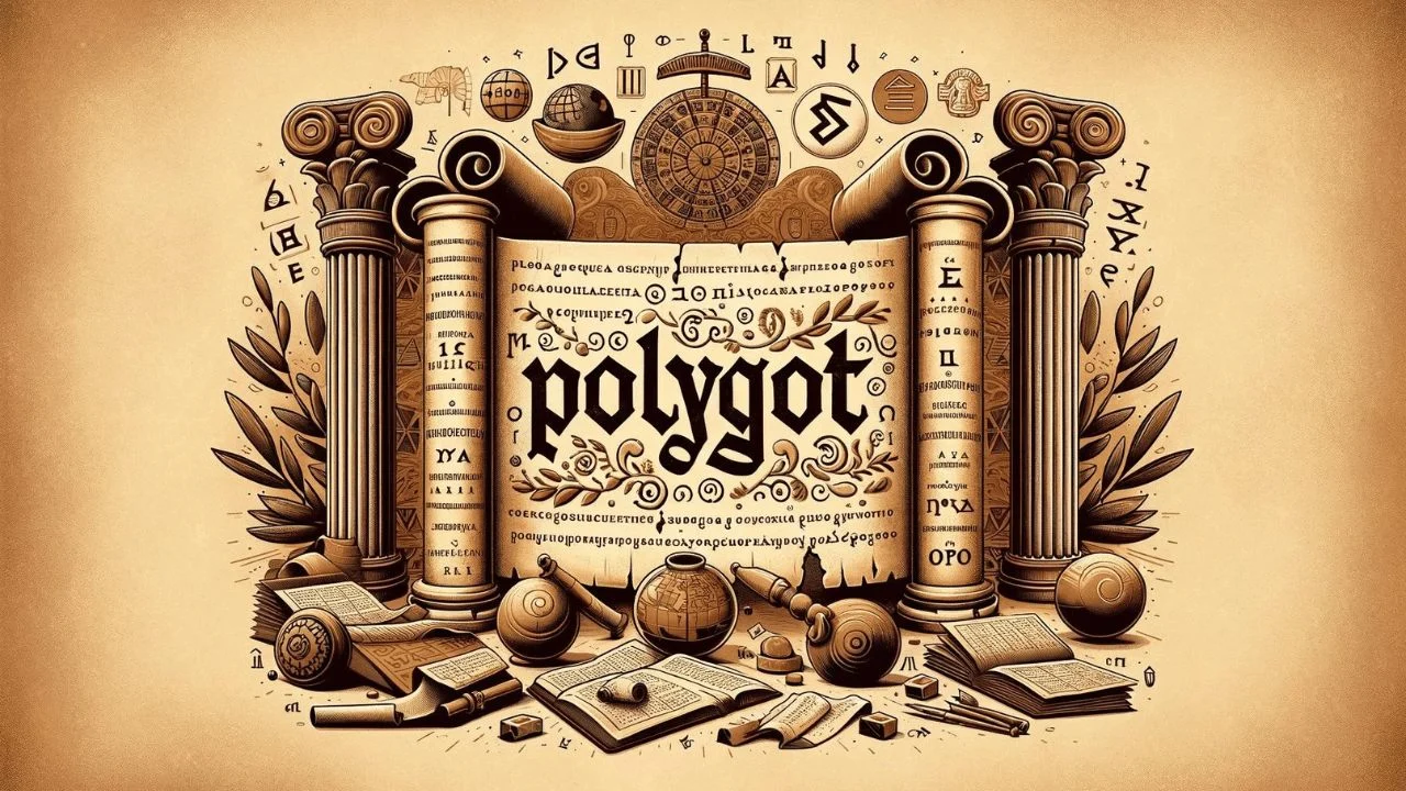 The image shows the word Polyglot in some sort of ancient book/dictionary.