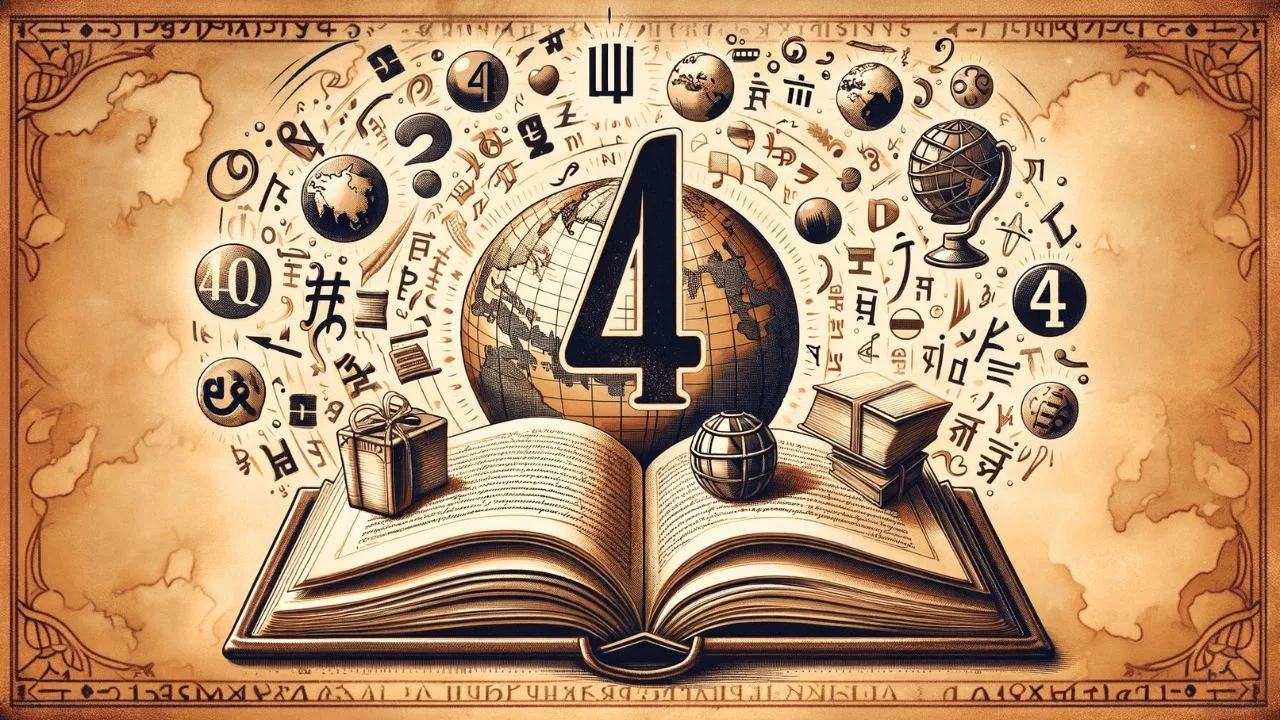 The picture shows a book with the number 4 on it. The number 4 represents the numbers of languages needed to become a polyglot