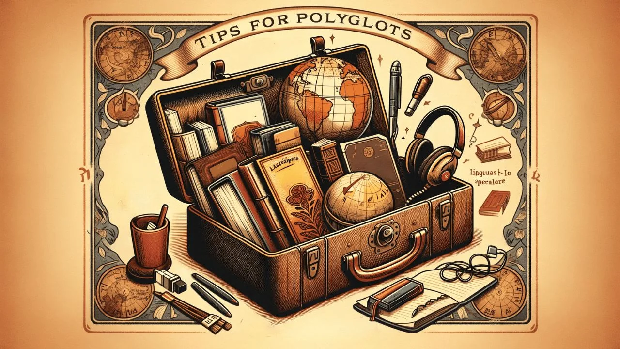 The image shows a polyglot toolbox, symbolizing the concept "Tips for Polyglots"