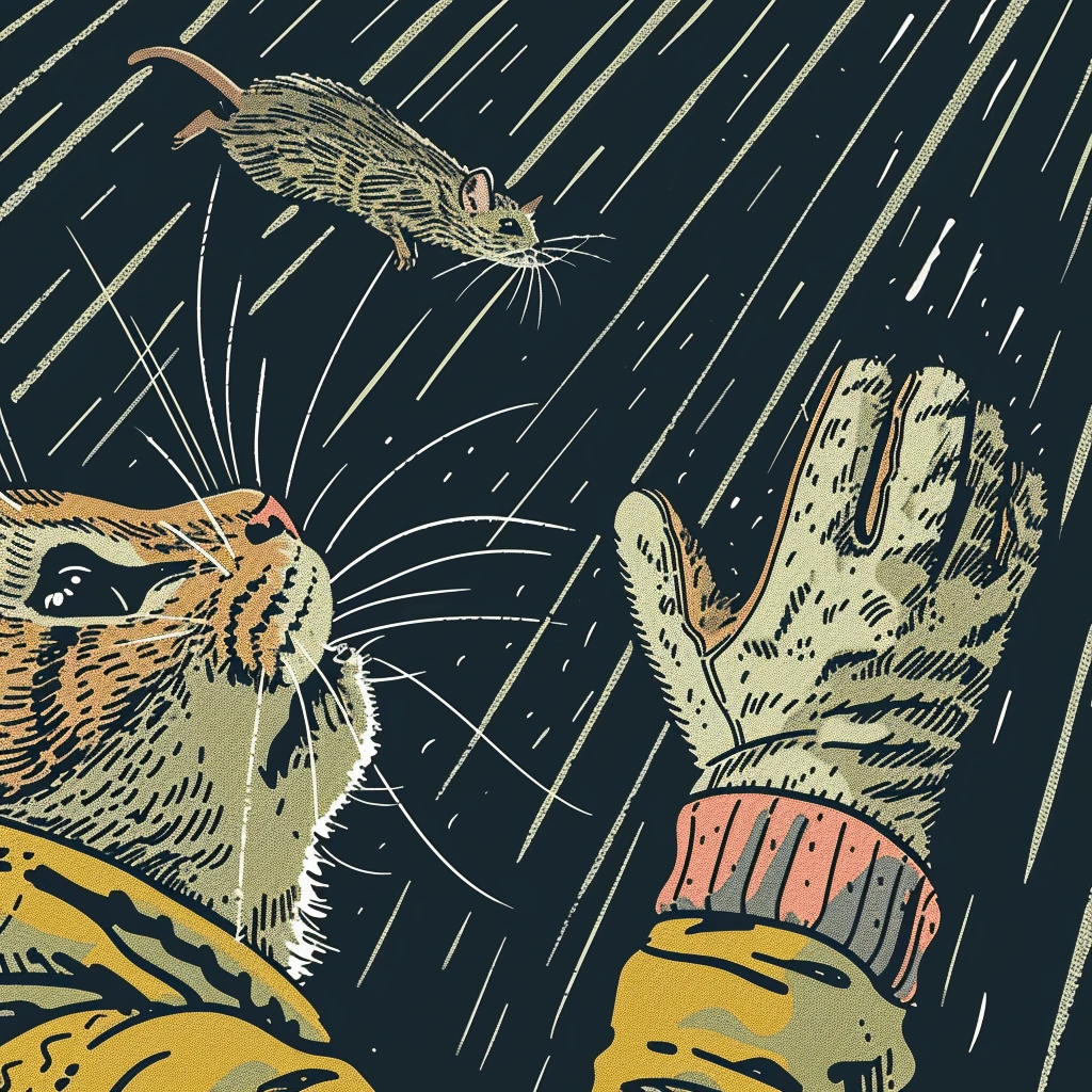 The image shows a cat with gloves trying to catch a mouse, representing the idiom "A cat in gloves catches no mice"