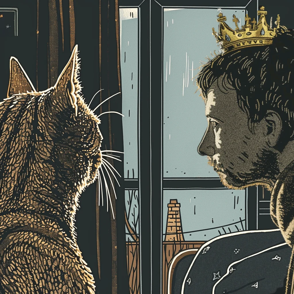 The image literally shows a cat looking at a king, illustrating the meaning "a cat may look at the king"