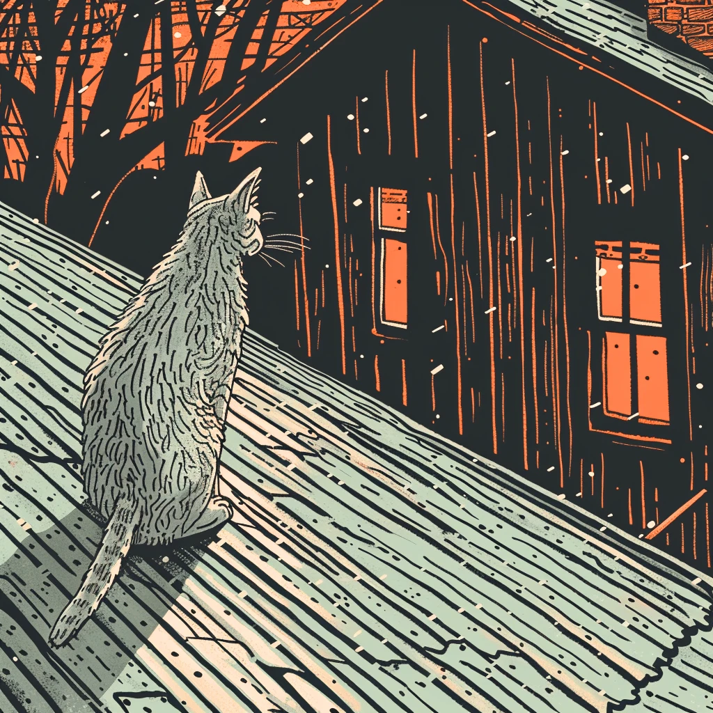 Literally a cat on a hot tin roof representing the idiom "A cat on a hot tin roof"