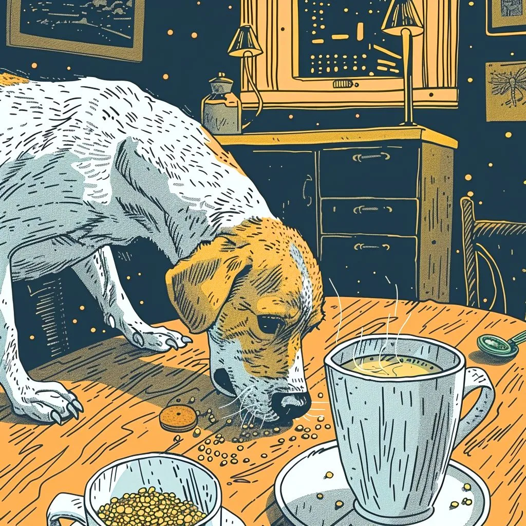 The image shows a dog eating breakfast (in a comical way)