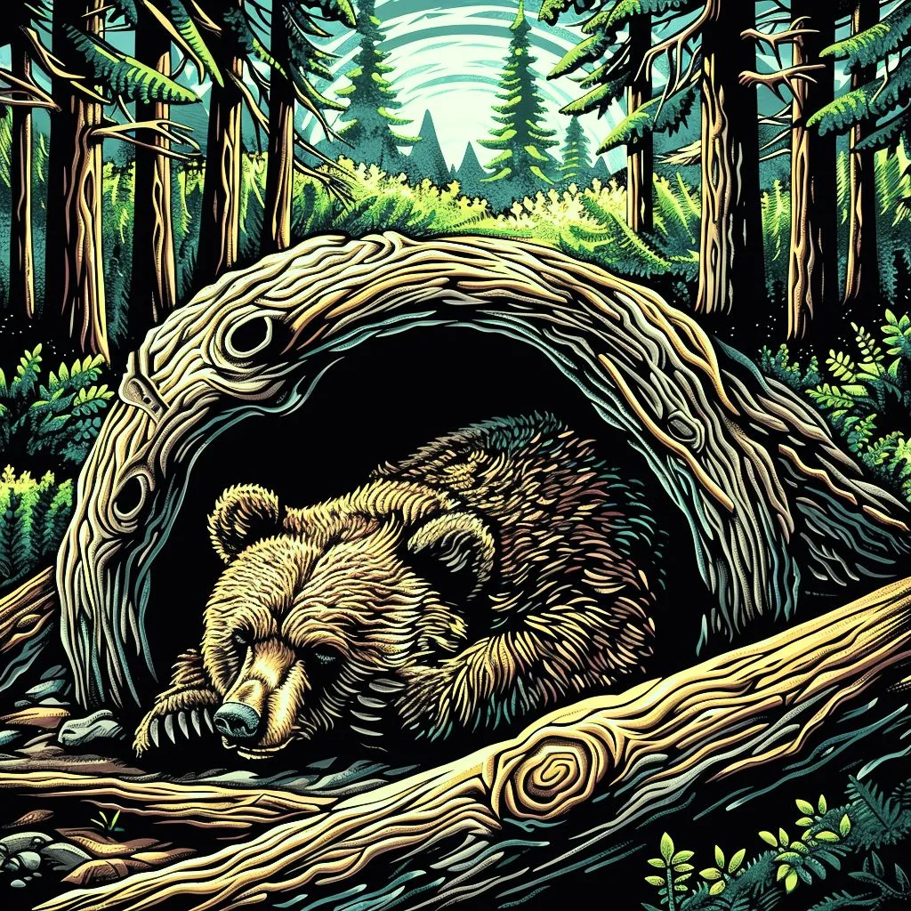 A bear hibernating in a den