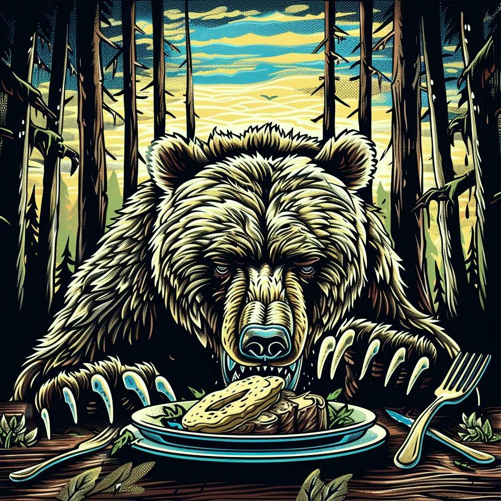 A bear in front of a plate with food