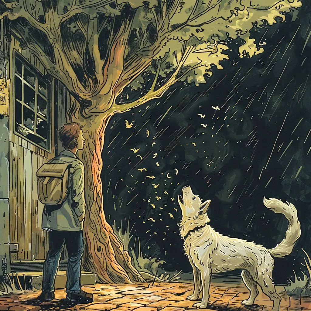 The image shows a dog barking at a tree