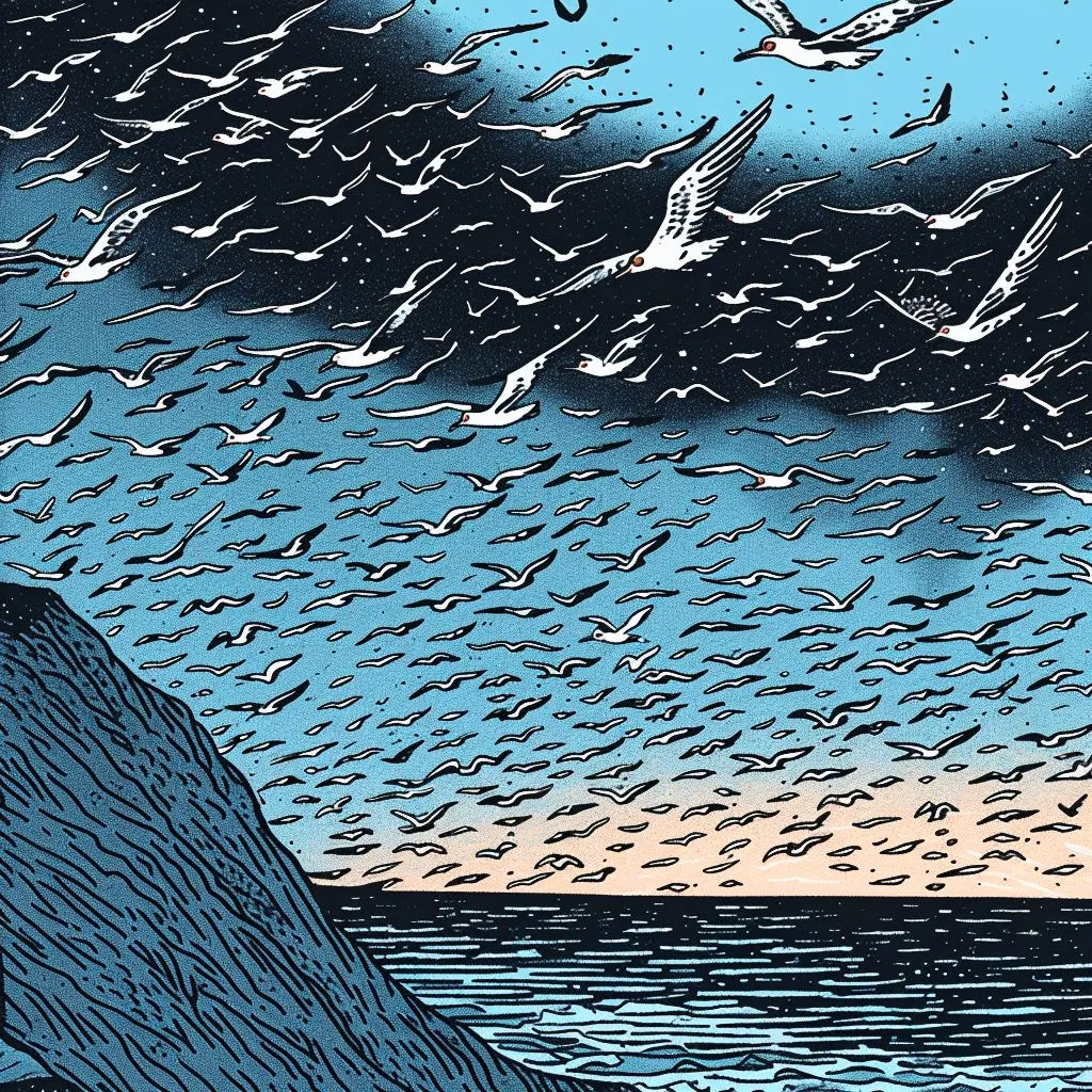 The image shows a flock of birds